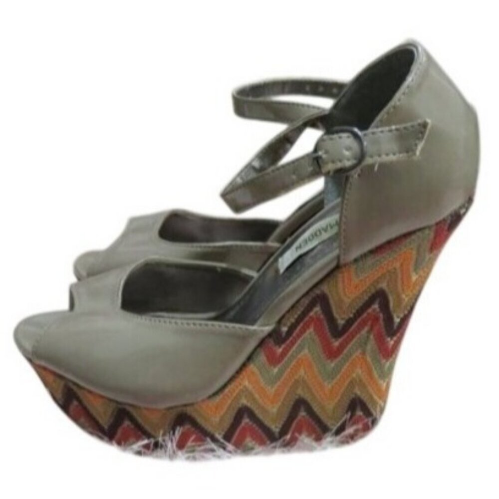 STEVE MADDEN Boho Patent Platform Ankle Strap Wedge Heels Peep Toe Sandals